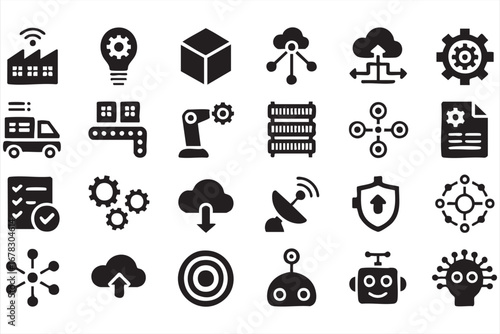 Industrial technology doodle icons with cloud computing and innovation graphics