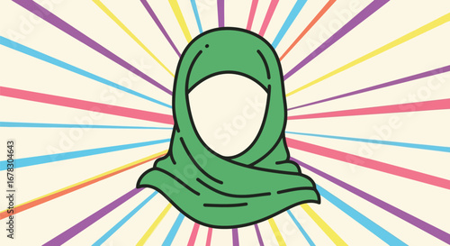 Green hijab illustration with colorful radiating lines background