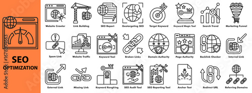 SEO optimization icon set. Containing website crawler, link building, seo report, target keyword, search trend, marketing funnel, website traffic, domain authority, backlink checker, anchor text.