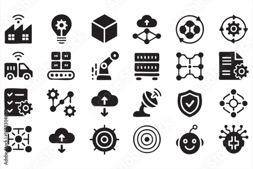 Industry 4.0 and technology icons vector set with automation and robotics