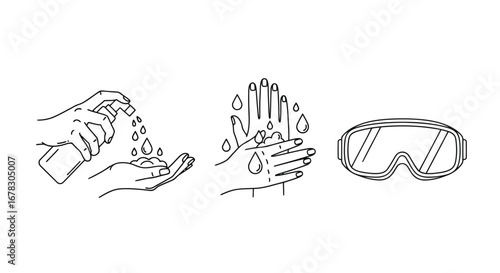Line art icons showing hand sanitization and safety goggles