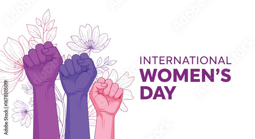 International womens day with raised fists and flowers