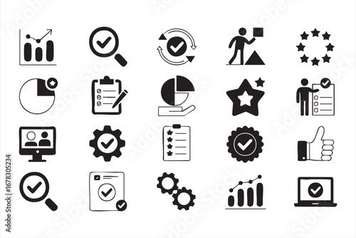 Business evaluation and performance icons vector set with reports and graphs