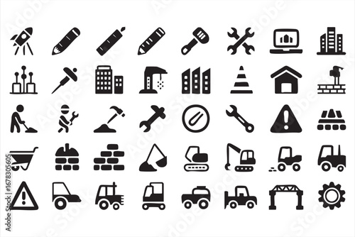 Engineering and building icons set with infrastructure and development elements