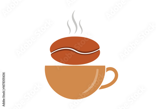 A steaming coffee bean sits atop a brown coffee cup