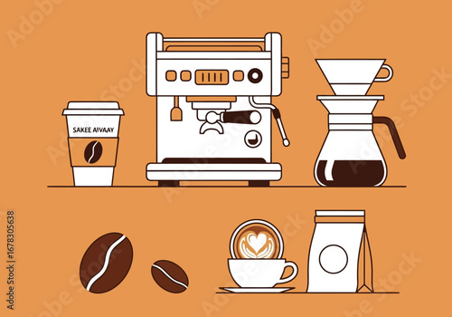 Coffee brewing equipment and accessories, including espresso machine, pourover set, coffee beans, and takeaway cup