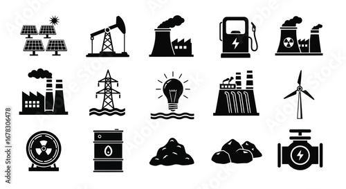 A collection of black icons representing various energy sources and industries, including solar panels, oil rigs, factories, and wind turbines