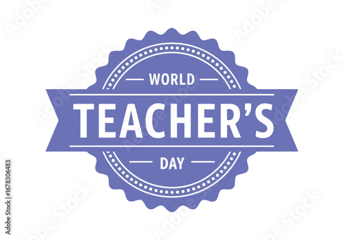 World teachers day emblem featuring a purple ribbon and text, celebrating educators globally