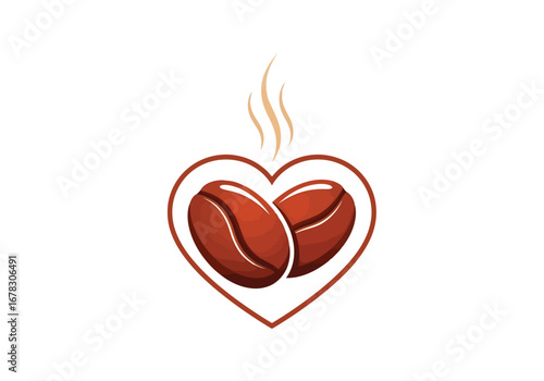 Two coffee beans in a heart shape with steam