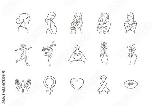 Collection of line art icons representing women and feminine themes
