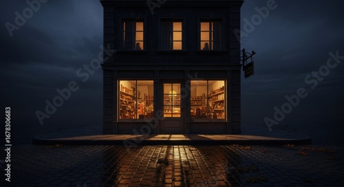 Halloween-themed vintage store glowing warmly on a dark night, its windows reflecting city lights in a quiet and mysterious atmosphere