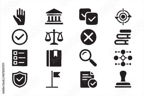 Legal and compliance icon pack with courthouse document and shield graphics