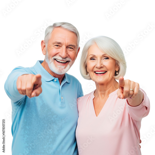 Happy Seniors Pointing and Smiling at Camera