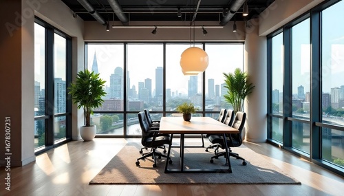 Modern London office space with large windows offering stunning city views, stylish minimalist design, perfect for corporate or creative businesses , office, interior, desk