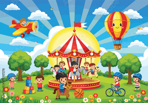 Children amusement park illustration, kids riding carousel, playing outdoor games, cycling, flying toy plane, hot air balloon and fun fair activities