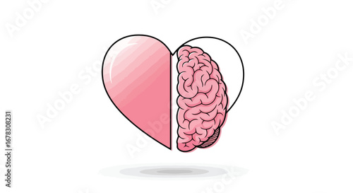 Heart shape divided into a pink side and a brain illustration