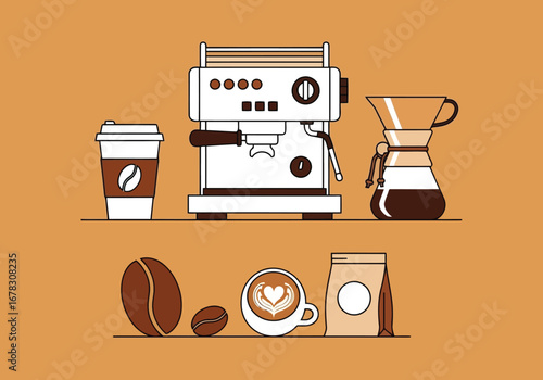 Coffee making equipment and beans on an orange background
