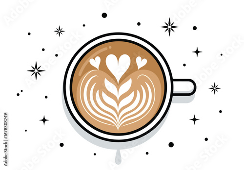 Top view of a coffee cup with latte art