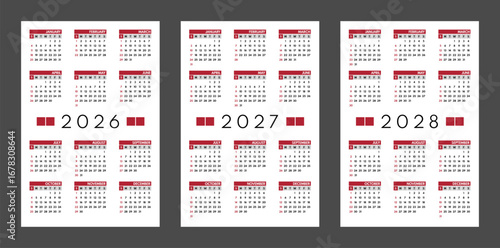 2026 2027 2028 pocket size 12 month calendars, whole year grid, american month names, sunday first, one weekend