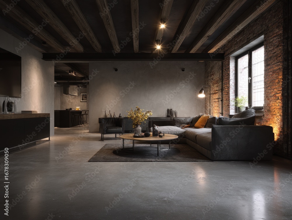 Fototapeta premium A modern loft living area with exposed beams, brick walls, and a muted color palette.