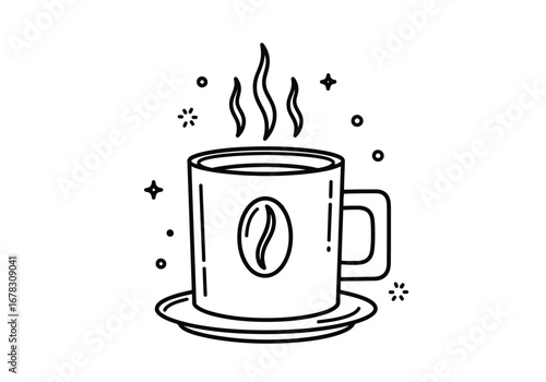 Simple line drawing of a steaming coffee cup on a saucer