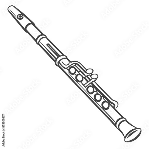 A detailed black and white line drawing illustration of a classical flute with its keys and embouchure hole