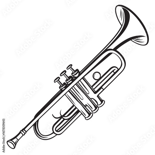 A simple black and white line drawing illustration of a classic trumpet musical instrument