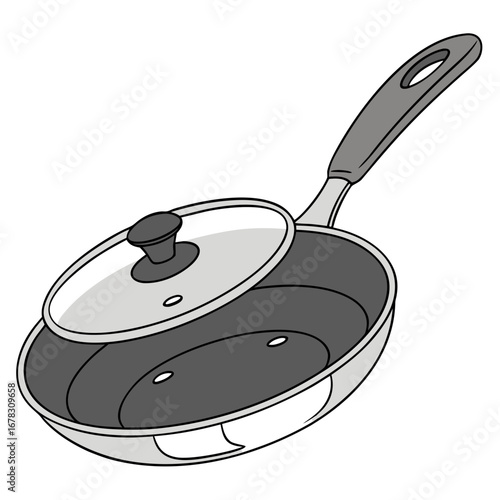 A simple cartoon illustration of a gray frying pan with a clear glass lid slightly ajar on a white background