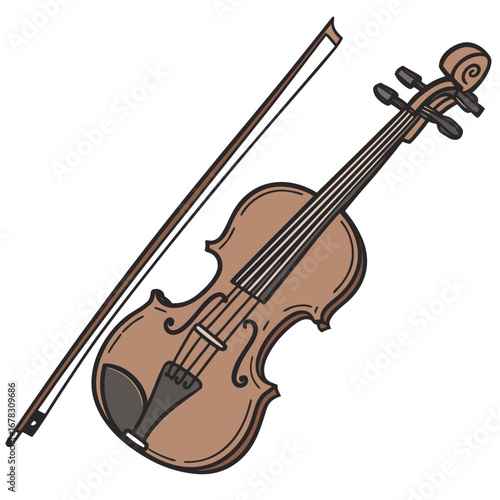 A simple illustration of a classical wooden violin and its bow on a white background