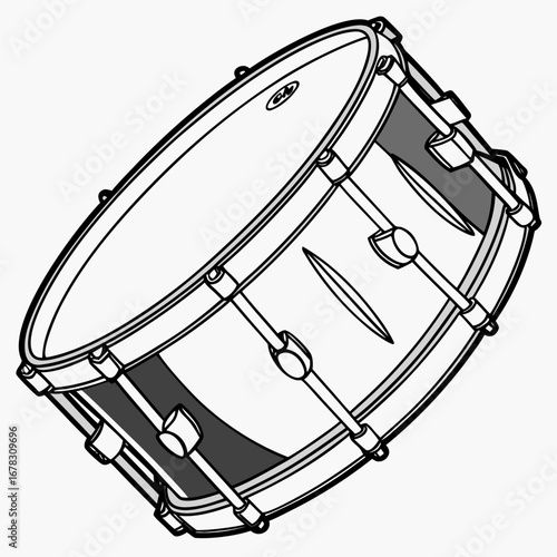 A simple line art illustration of a snare drum with a white background and grey shading