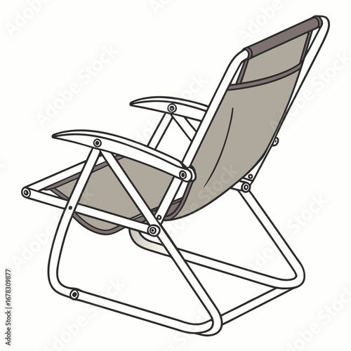 A simple modern illustration of a grey fabric beach chair with a white metal frame
