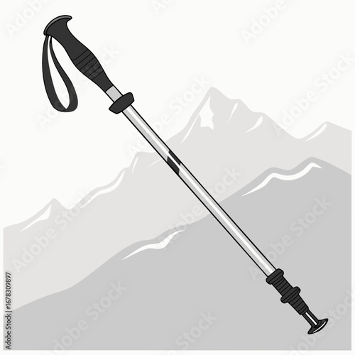 A single hiking pole with a black grip and strap is shown against a backdrop of stylized grey mountains