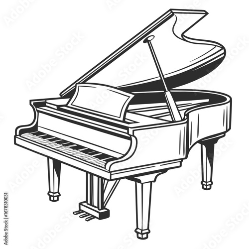 Classic grand piano with open lid and sheet music on stand black and white illustration