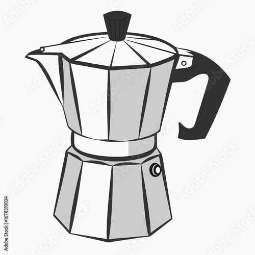 Classic italian moka pot coffee maker illustration in simple grayscale style on a white background