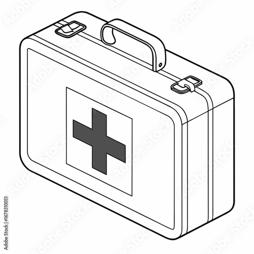 Classic first aid kit with a prominent red cross symbol on a white background presented in a clean isometric line drawing