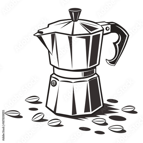 Classic italian moka pot coffee maker with scattered coffee beans isolated on white background