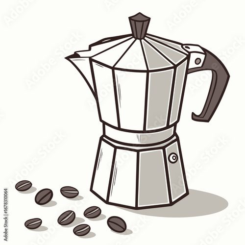 Classic italian moka pot coffee maker with scattered coffee beans on a white background