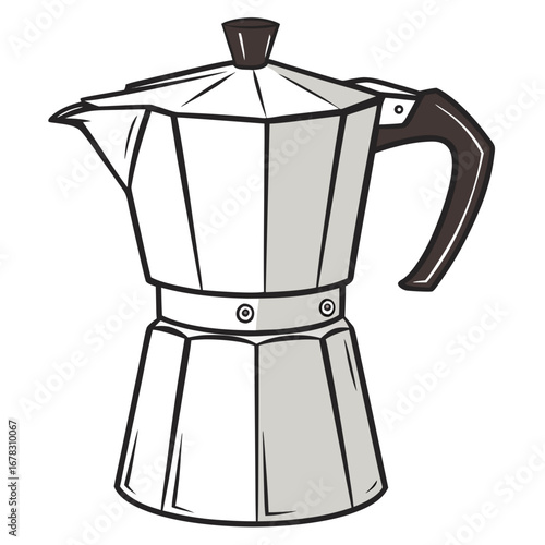 Classic italian moka pot coffee maker illustration with a simple design and clean lines on a white background
