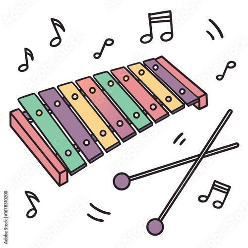 Colorful xylophone with mallets and musical notes illustration on a white background