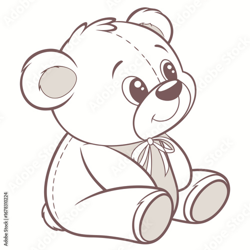 Cute cartoon teddy bear with a bow tie sitting and looking to the side with a happy expression