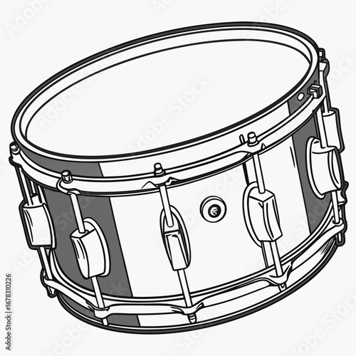 Detailed black and white illustration of a snare drum with clean lines and shading on a white background