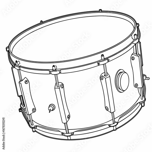 Detailed black and white line drawing illustration of a snare drum with tension rods and lugs
