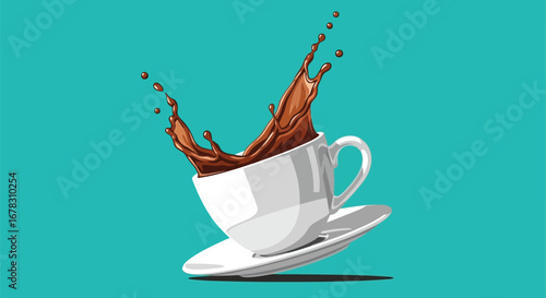 Coffee cup splashing hot beverage with dynamic motion against teal background