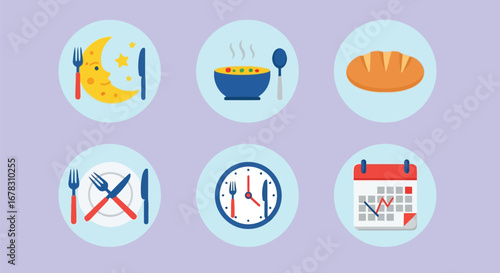 Set of six circular icons representing mealtime, food, and scheduling, isolated on light purple background