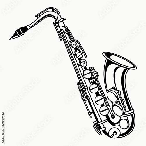 Detailed black and white line art illustration of a saxophone isolated on a white background
