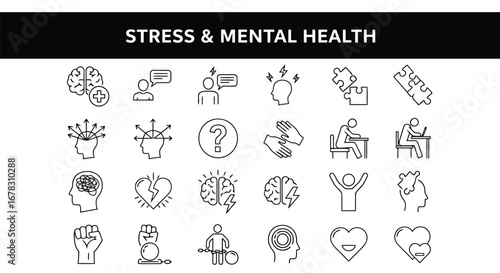 Collection of icons representing stress and mental health concepts