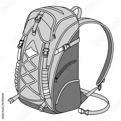 Detailed line drawing illustration of a modern gray hiking backpack with straps and buckles against a white background