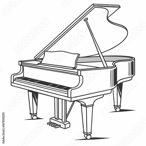 Elegant black and white line art illustration of a grand piano with its lid open and sheet music