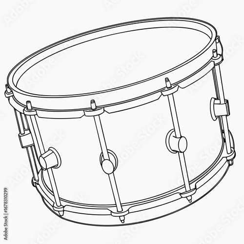 Detailed line drawing of a snare drum viewed from an angle on a white background