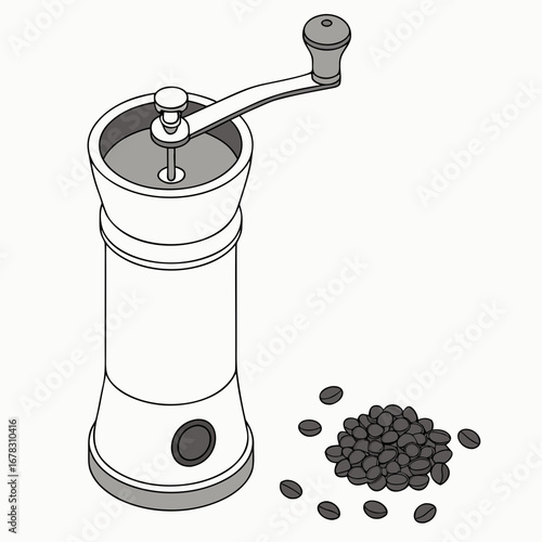 Manual coffee grinder with a pile of roasted coffee beans on a white background isometric view